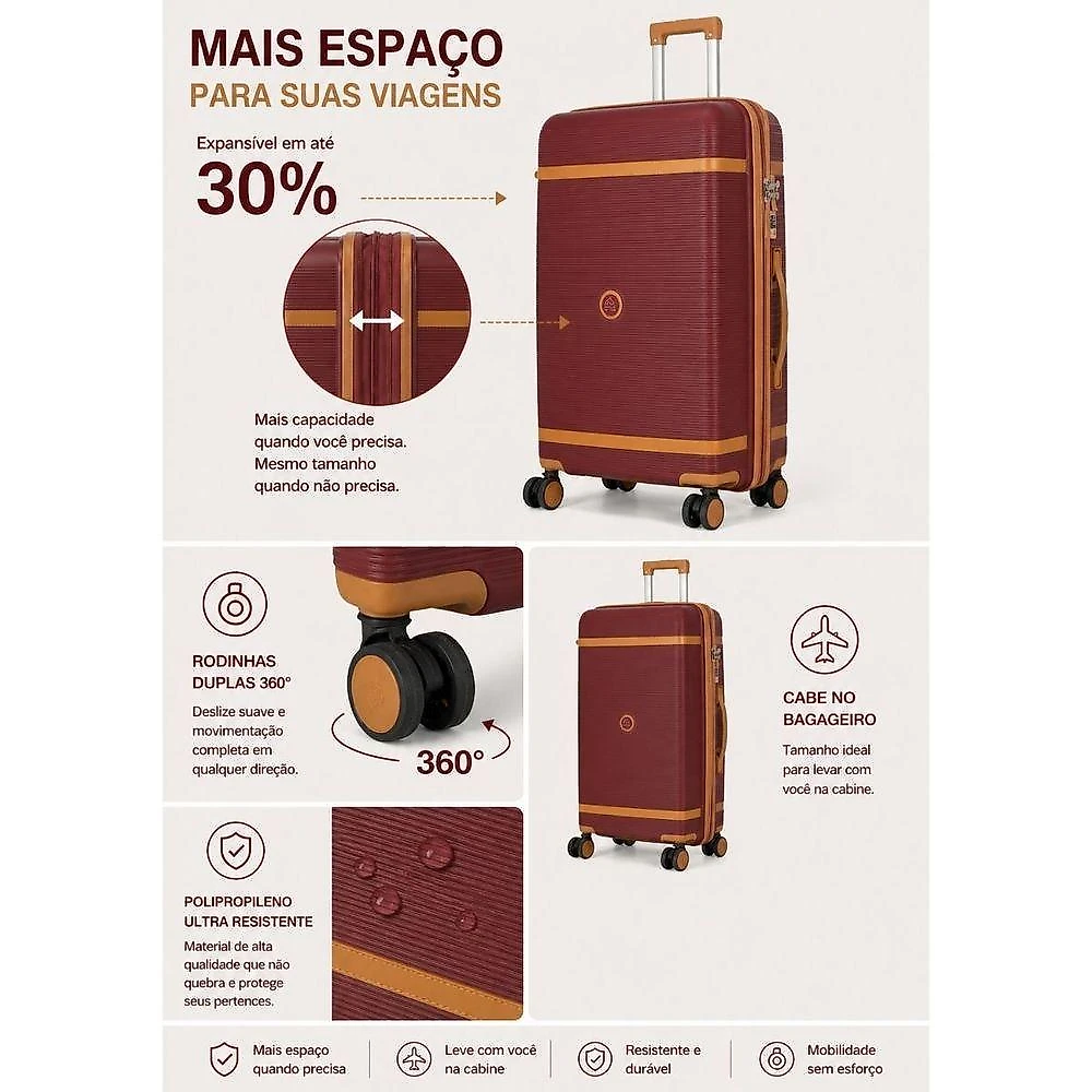 Mala de Bordo 48L Polipropileno Expansiva Zíper Anti Furto Copenhagen Vinho Polo King
