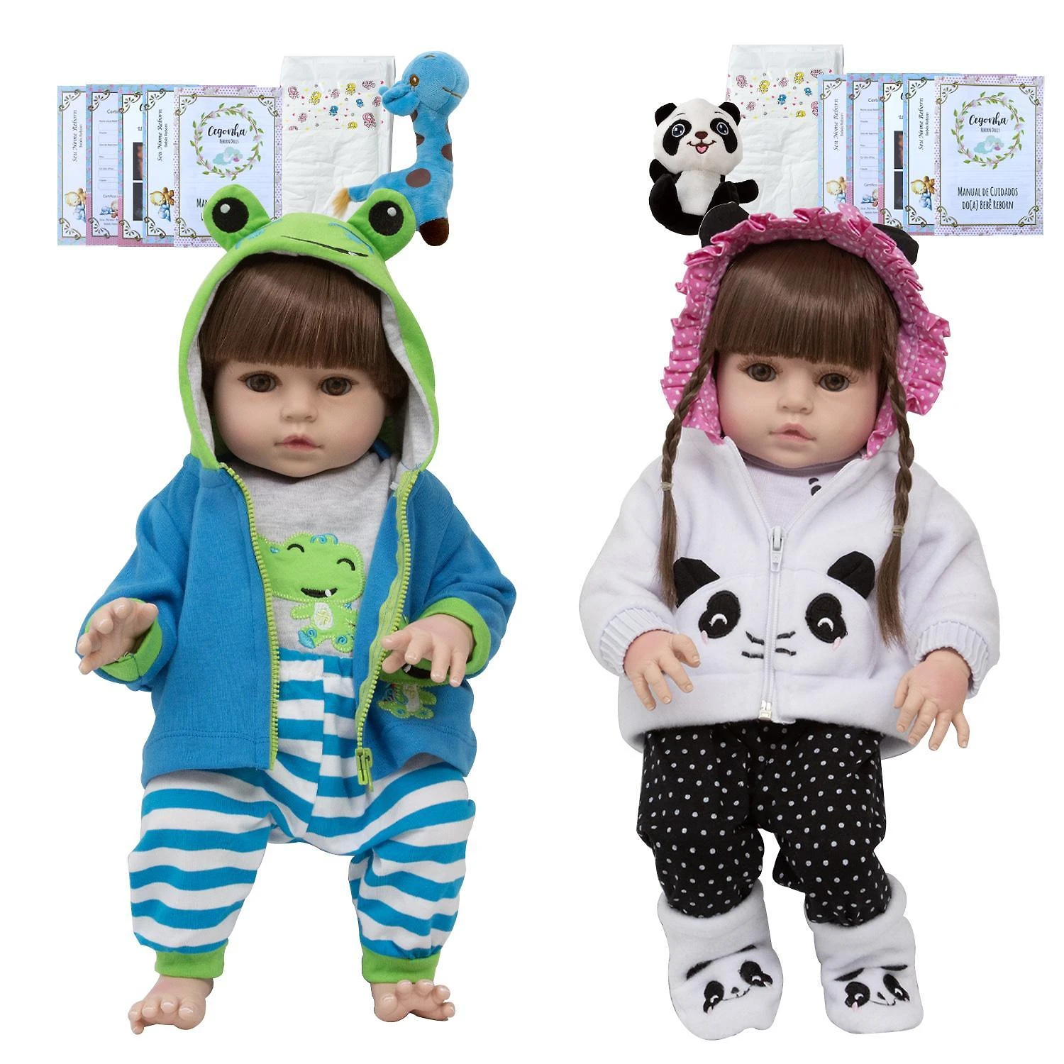 Miniatura Bebe Reborn Gêmeos Casal Pandinha Girafinha Baby Com Itens