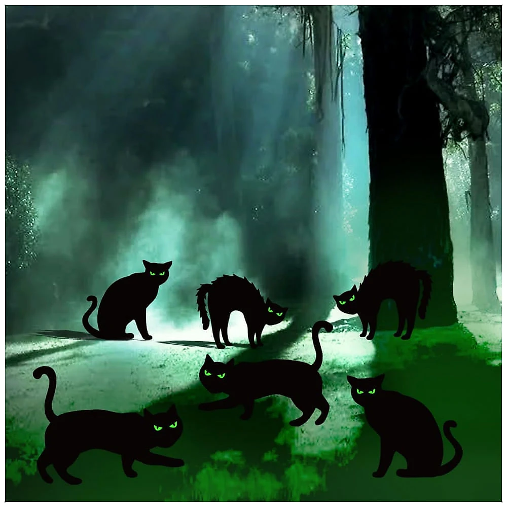 Kit Decoração para Halloween 6 Estacas de Gato Preto com Olhos Brilhantes no Escuro