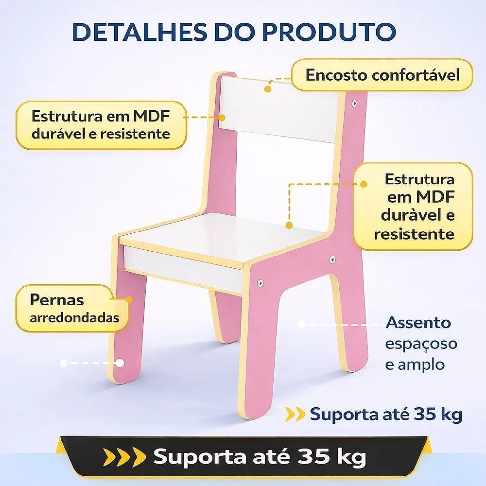 Cadeira Infantil Mdf Didatica Resistente Rosa para Criança Utibom