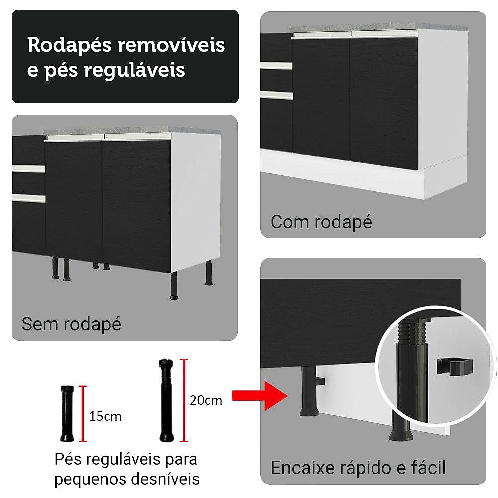 Armário de Cozinha Compacta 190cm Branco/Preto Glamy Madesa 05 Branco/Preto