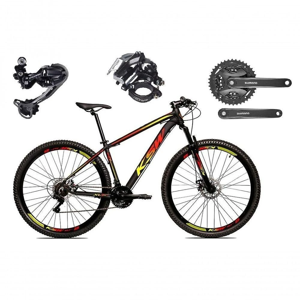 Bicicleta Aro 29 Ksw Xlt Shimano Deore E Altus 27v Freio Hidráulico Garfo Trava - Preto-vermelho-amarelo Tam.17