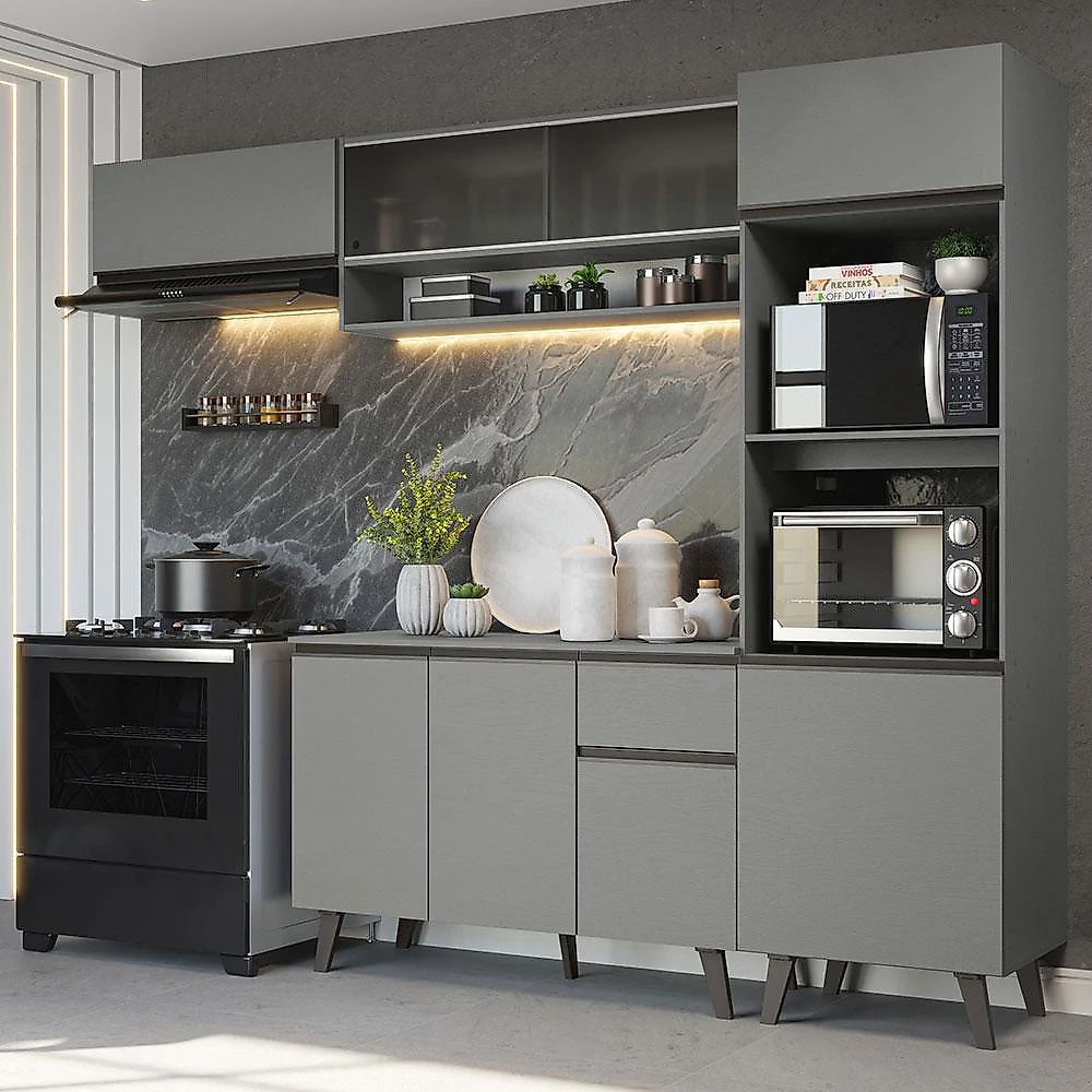 Armário de cozinha completa 260cm cinza nice madesa 04