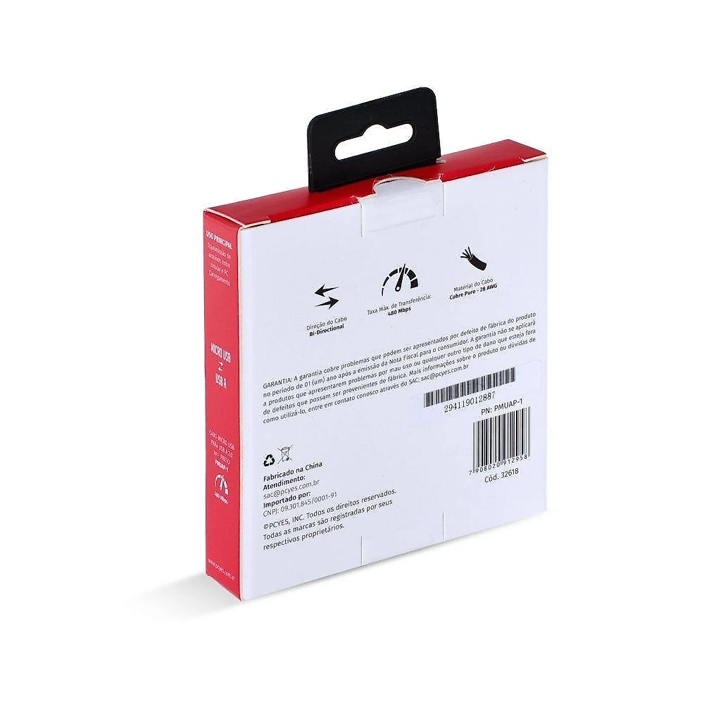 Cabo Micro USB para USB a Pcyes Dados 480 Mbps 5V 3A 15W Preto 1 Cabo