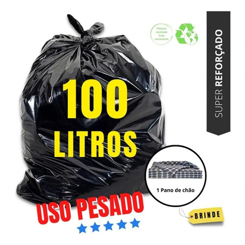 Saco de Lixo Uso Pesado Super Reforçado Preto 100L 90x100CM com 20 Unidades Higipack
