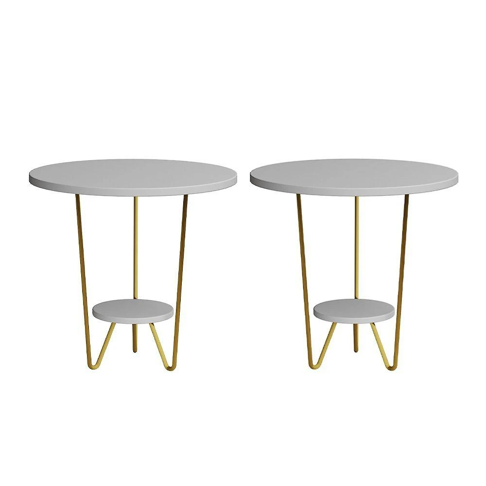 Kit 2 Mesas Laterais Redonda Industrial Italy Ferro Dourado E Tampo Branco