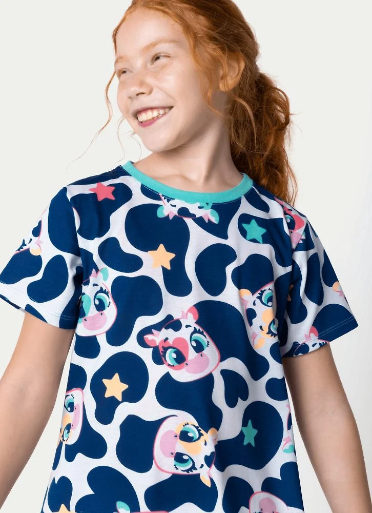 Camisola manga curta algodão menina teen vaca moosic