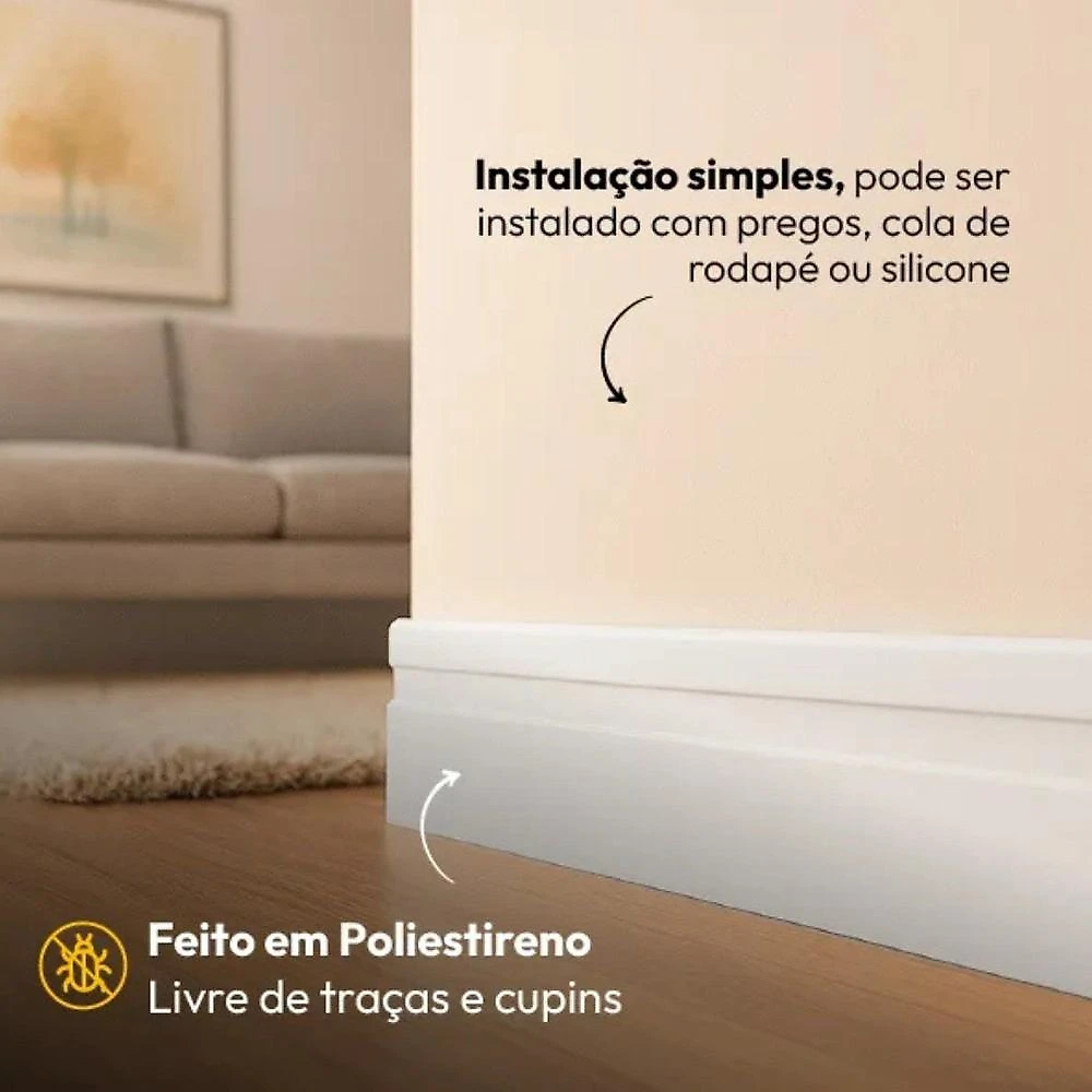 Rodapé de Poliestireno Slim 7CMX10MM Frisado 2,4 Metro Linear Branco Graddus 2,4 unidades - Branco