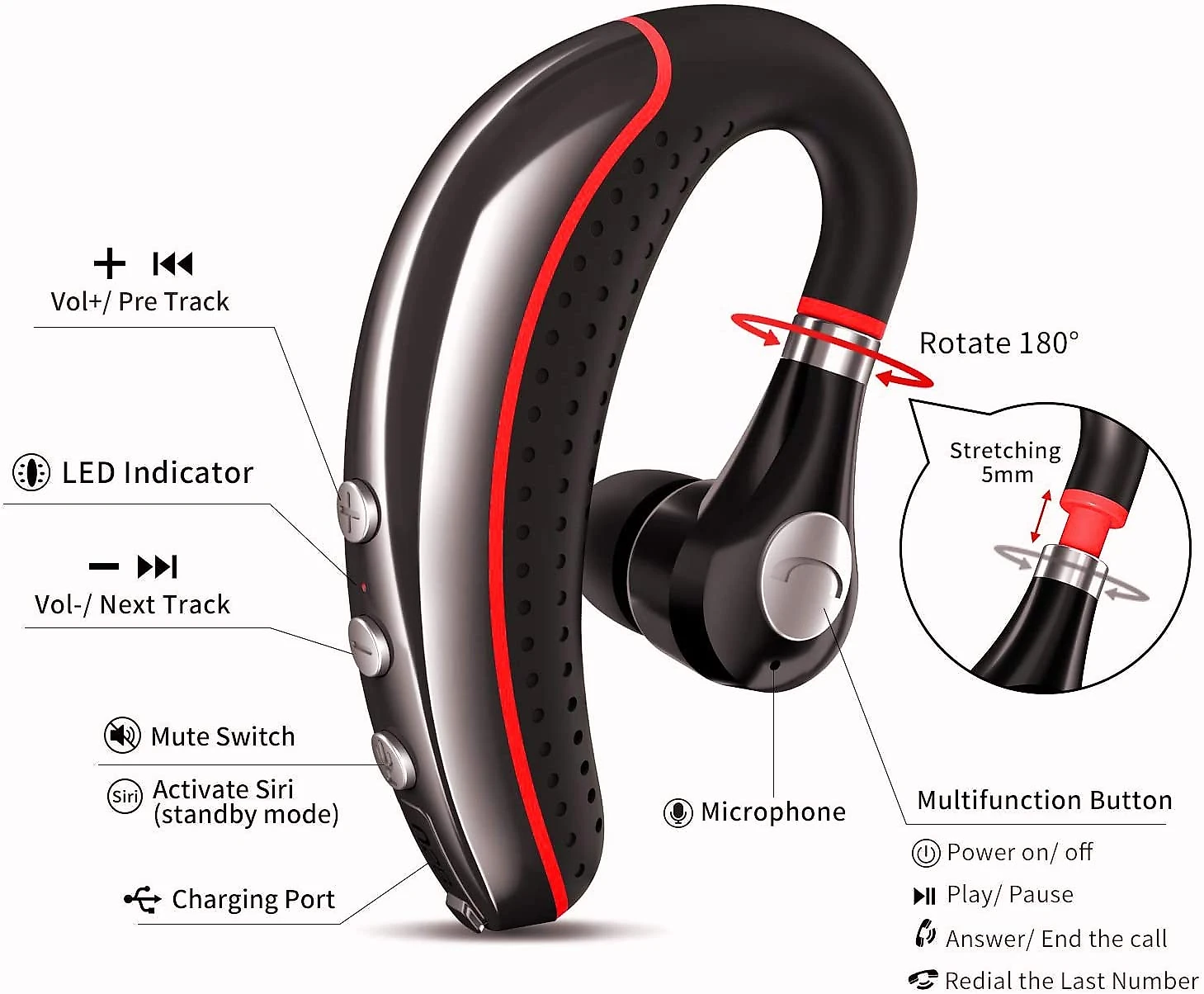 Valear Fone de ouvido sem Fio Headset Bluetooth para Chamadas com Microfone Vermelho