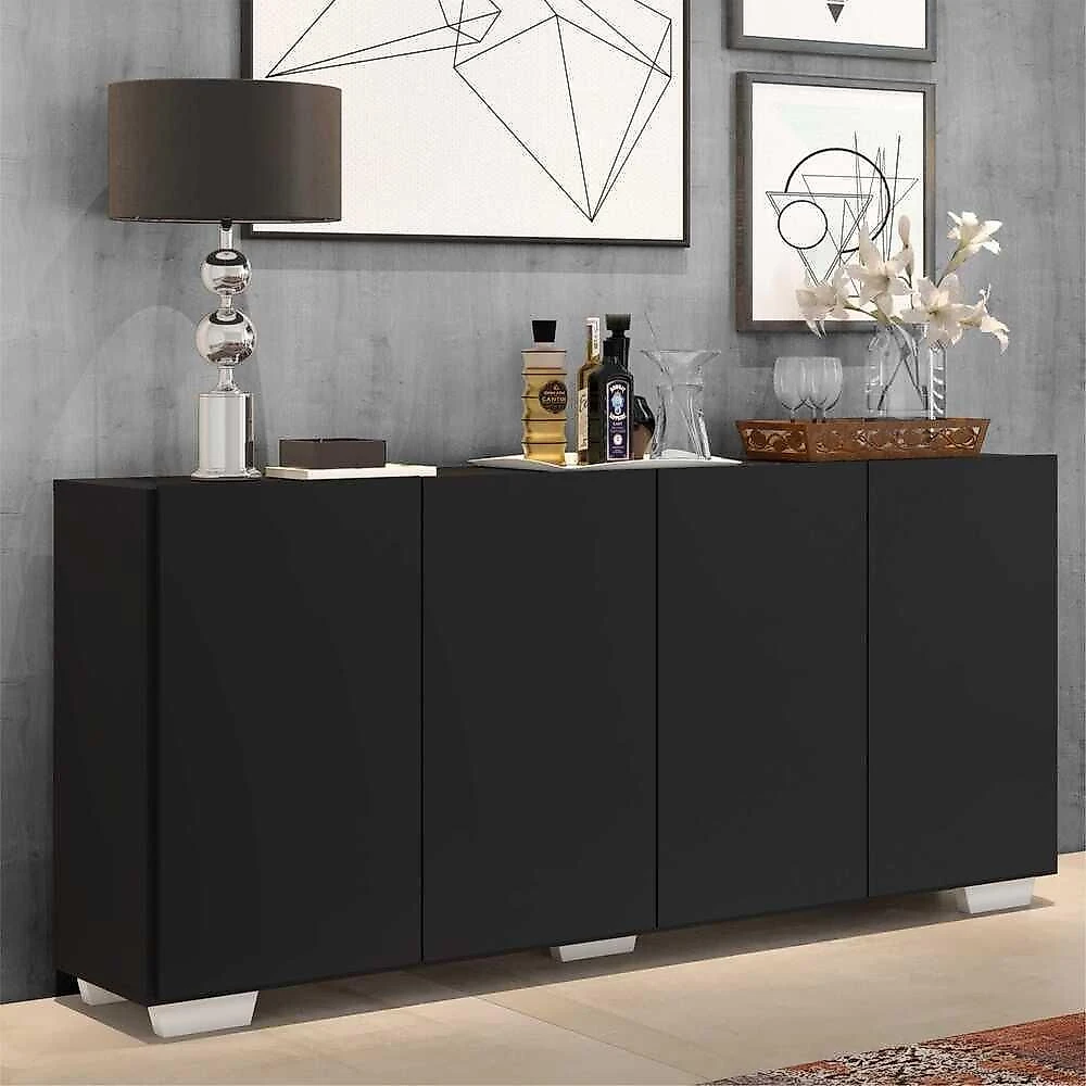 Aparador Buffet 4 Portas Com Pés Quadrados Veneza Multimóveis V3557 Preto/Branco Preto/Branco