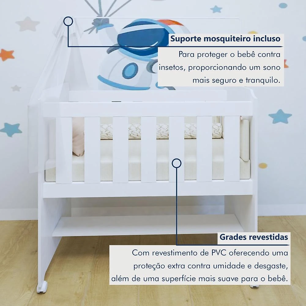 Quarto de Bebê Completo com Cômoda, Mini Berço com Colchão e Guarda Roupas Lila Branco