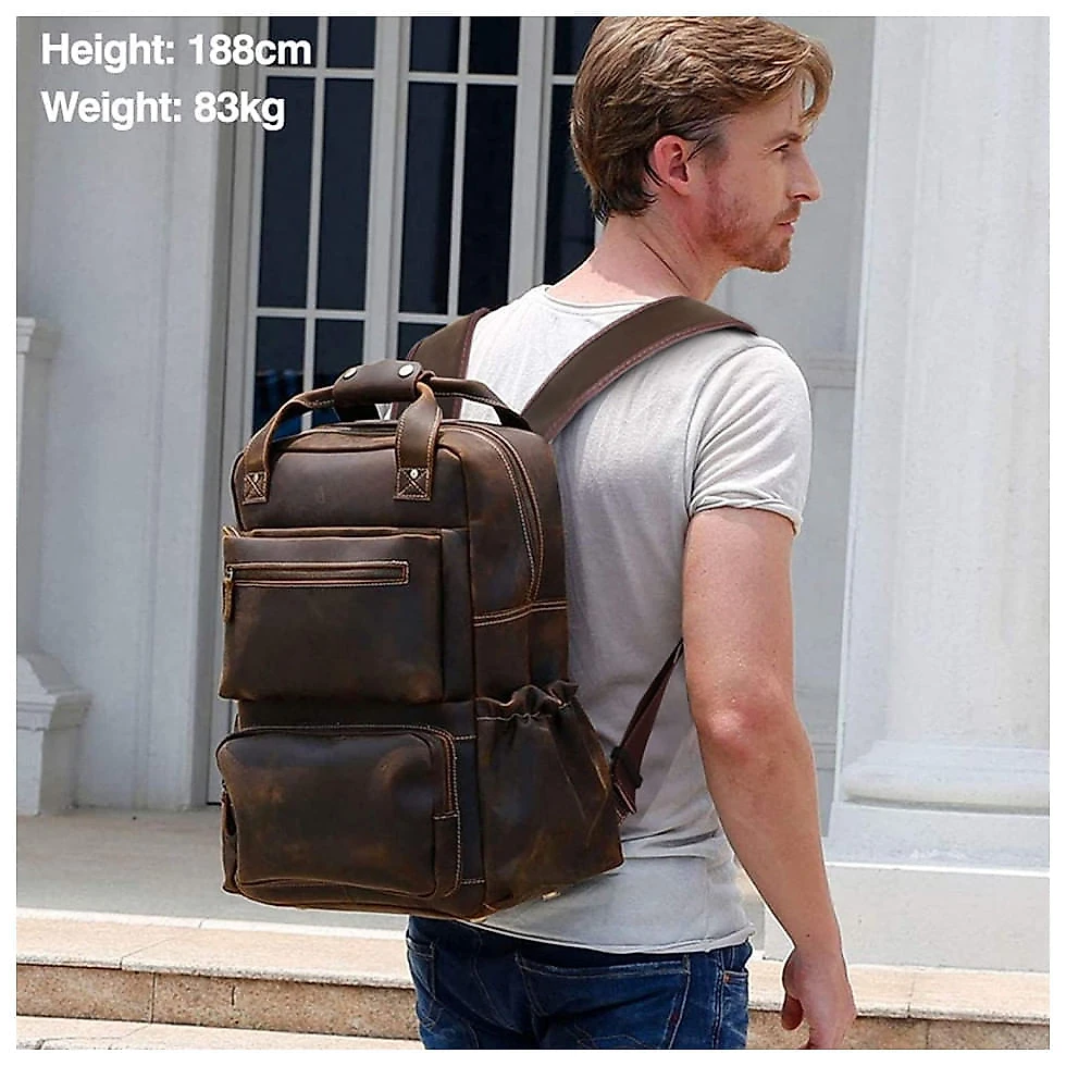 Mochila Masculina para Laptop de Couro, TIDING, Marrom