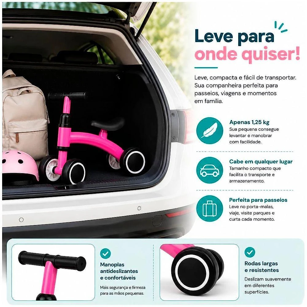 Bicicleta de Equilíbrio Infantil sem Pedal 4 Rodas Assento Anatômico Guidão com Limitador de Giro