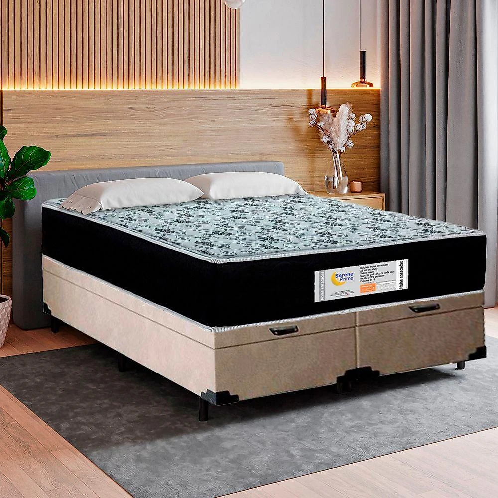Cama Box Baú Queen Bipartido Suede + Colchão Molas Ensacadas Sereneprime Sonnolux 158x198x69 Bege