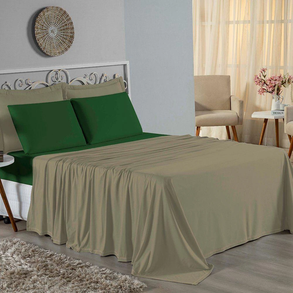 Jogo De Cama Queen Nobre 4 Peças Lençol Com Elástico De 30cm De Altura Malha 100% Algodão - Avelã / Verde-bandeira
