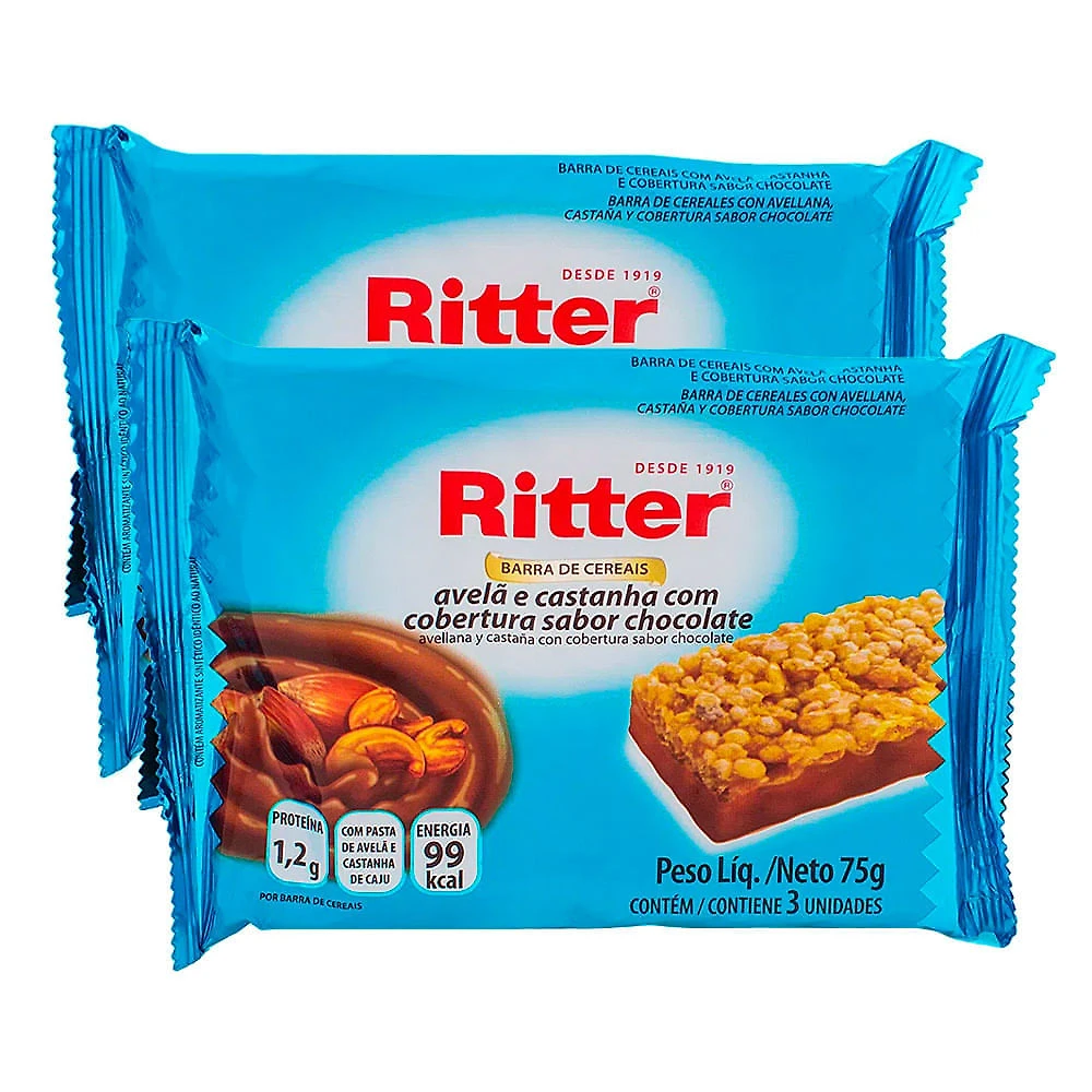 Barra de Cereais Ritter Avelã e Castanha com Cobertura Sabor Chocolate com 3 Unidades | Kit com duas unidades