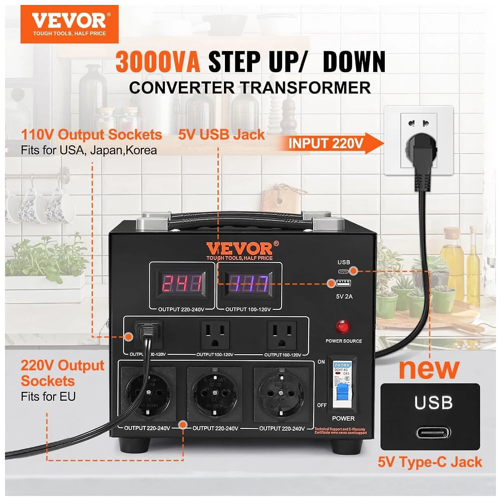 Transformador (Conversor) de Voltagem VEVOR 3000W Elevação/Redução 110V para 220V/220V para 110V 3 US 3 EU USB Type-C 2 LED CE ETL FCC SV-3000VA.