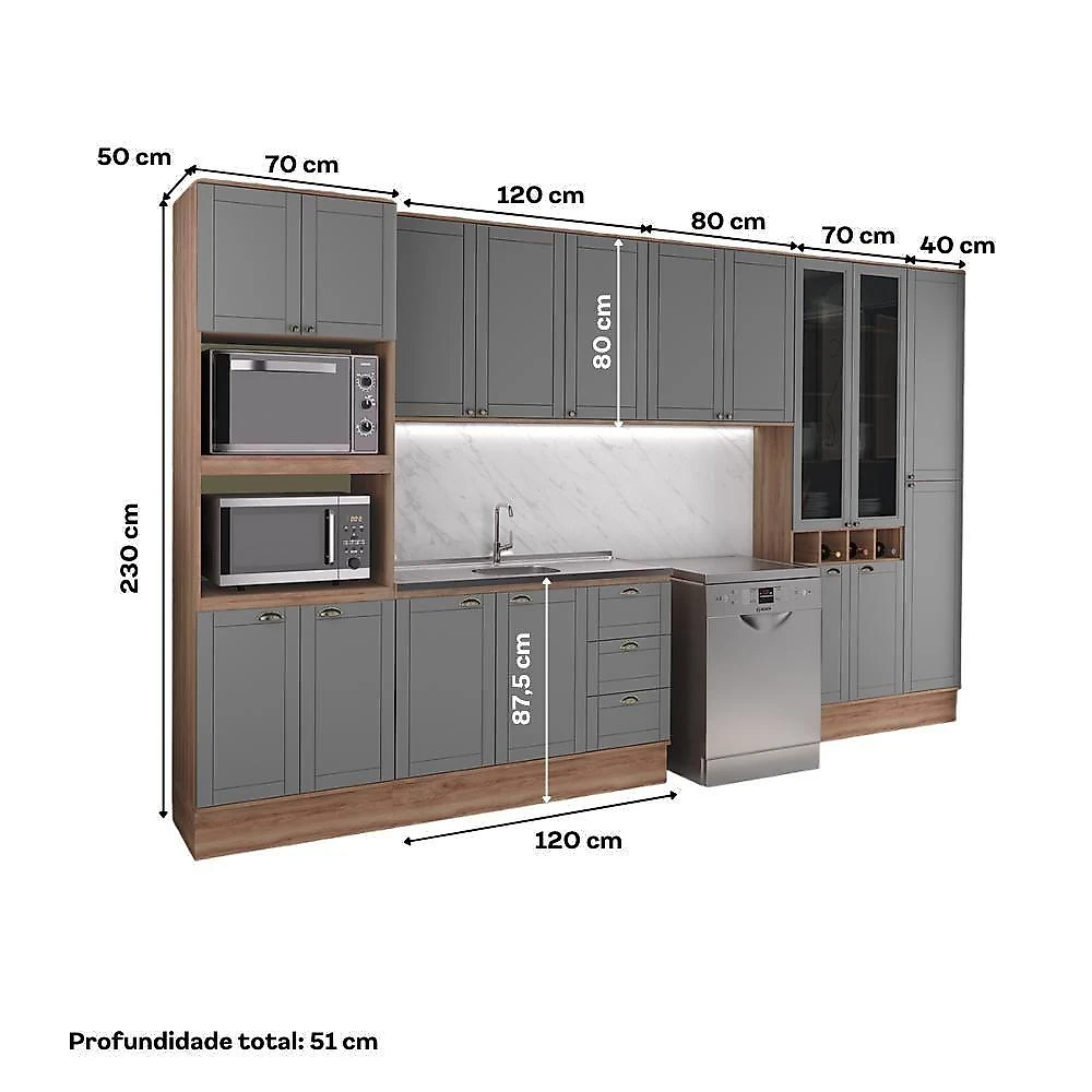 Cozinha Completa Milla Plano 15 Portas 3 Gavetas MDF MDP 380CM Nogal com Cinza Titânio Móveis webcontinental-7893455168912