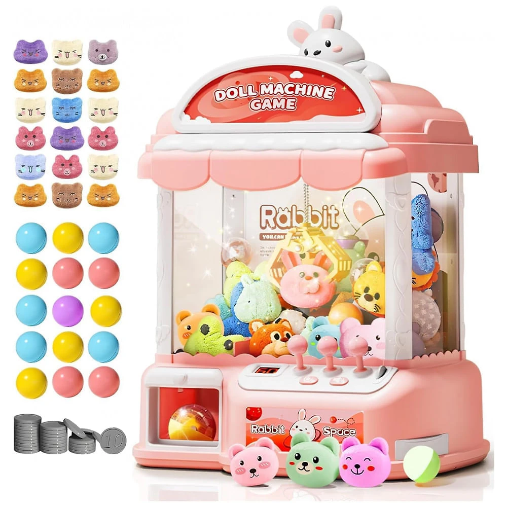 Máquina de Garra Rosa MIAOKE Large Claw Machine – Mini Arcade Infantil com 30 Prêmios, 24 Moedas, Luzes LED e Som Ajustável