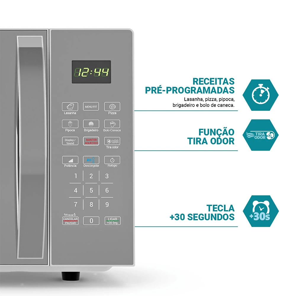 Microondas Philco 28L PMO30S Espelhado 1100w com Função Tira Odor e 6 Receitas Pré Programadas Prata - 220V