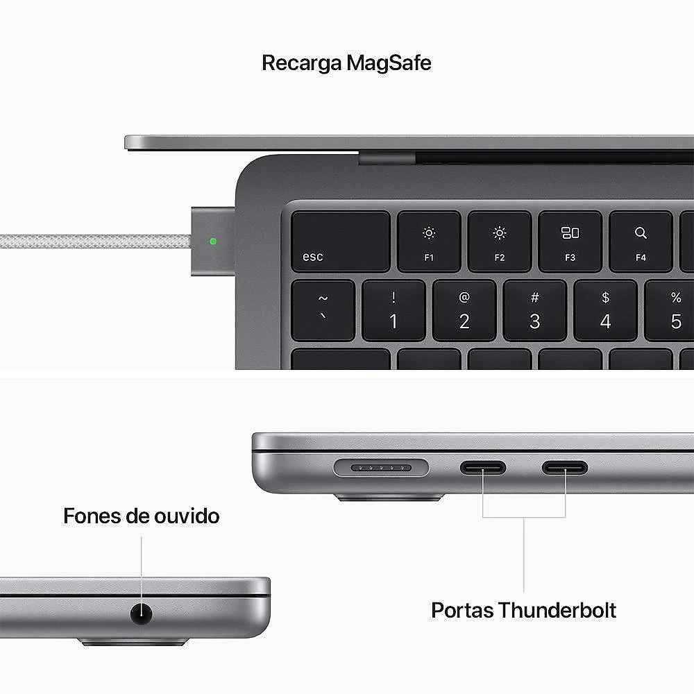 Apple MacBook Air 13", M2, CPU de 8 núcleos, GPU de 10 núcleos, 16GB RAM, 256GB SSD- Cinza-espacial