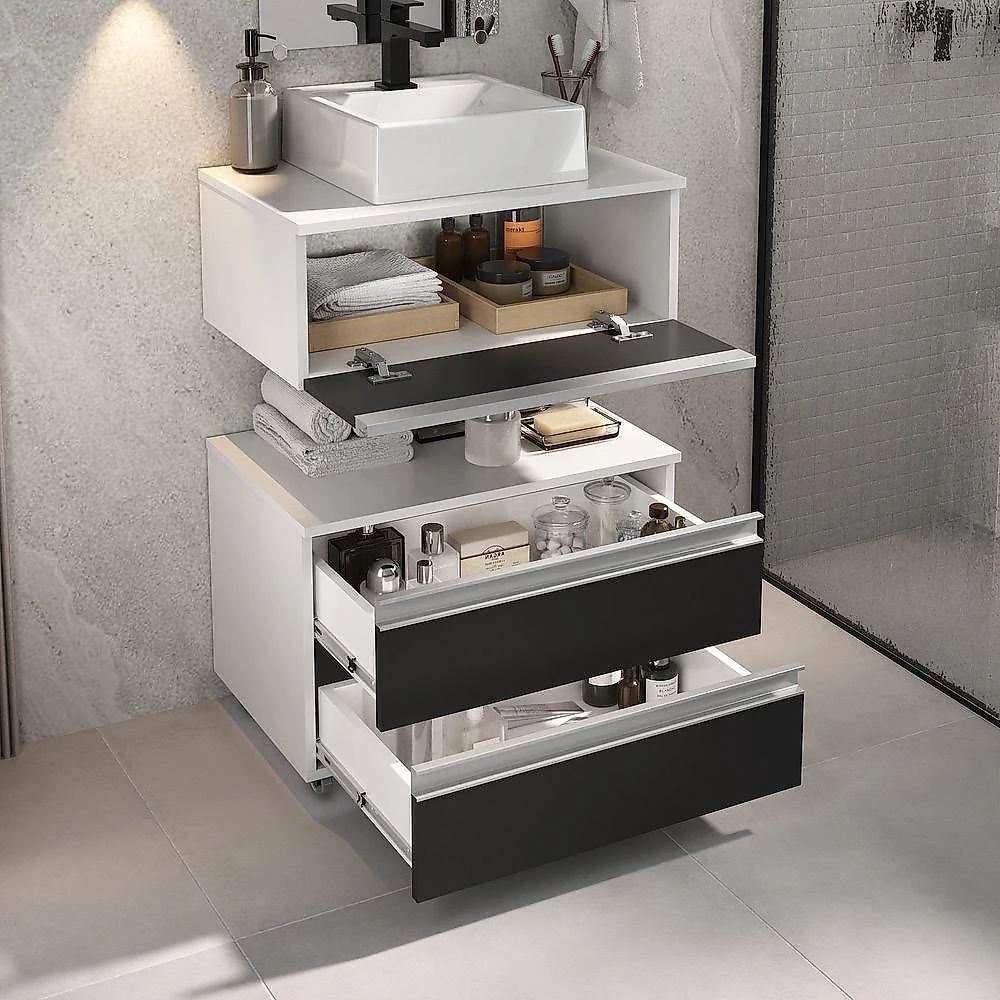 Conjunto Gabinete Banheiro Creta 60cm (gabinete+espelheira+cuba) Branco Preto