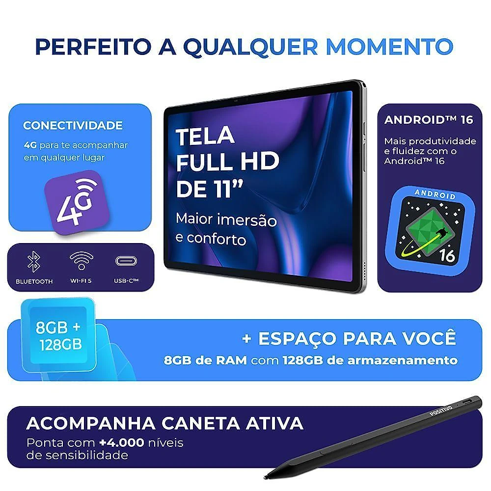 Tablet Positivo Vision TAB 11 Com Capa E Caneta 4GB RAM 128GB 4G Tela 11” Full HD Octa-core Preto