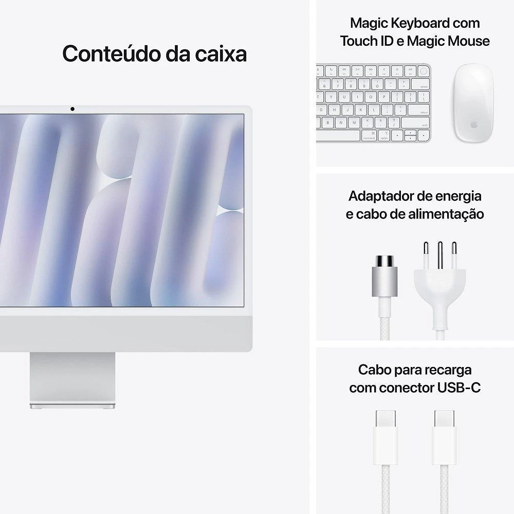Miniatura iMac Apple Tela Retina 24" 4.5K, Chip M4, CPU 10 Núcleos, GPU 10 Núcleos, Neural Engine de 16 Núcleos, 16GB RAM, 512GB SSD, Prata - MWUV3BZ/A