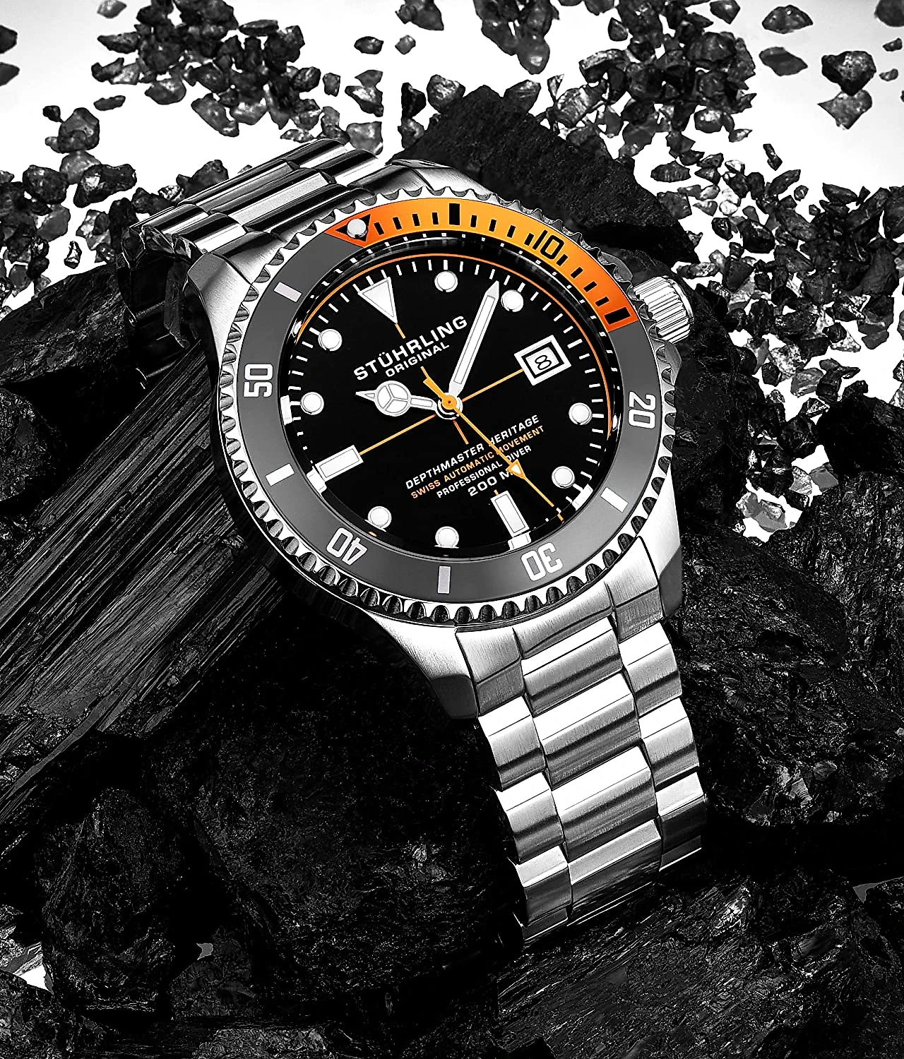 Stuhrling Relógio Masc Original Mergulho Profissional Automático DEPTHMASTER 2Prova DÁgua 200m Prata