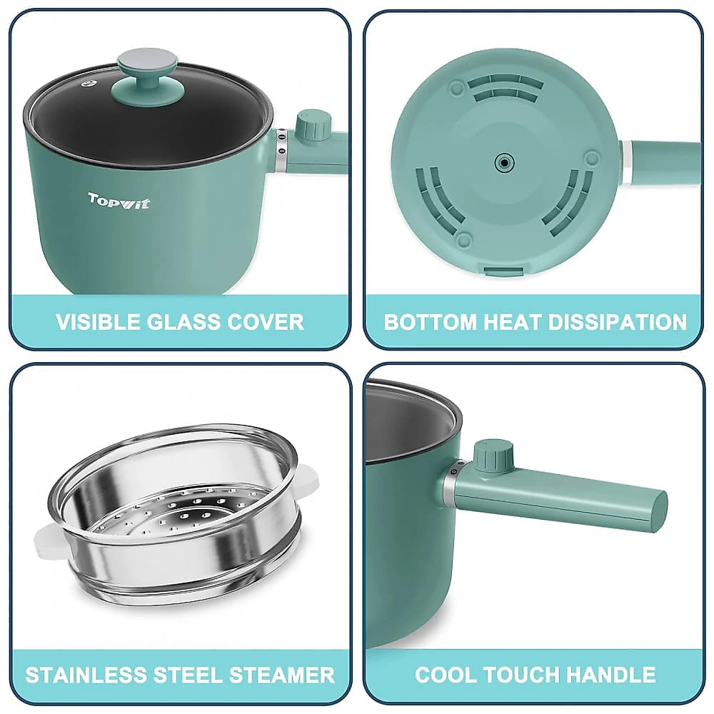 TopWit Panela Elétrica com Vaporizador 1,5L - Cozinhe Ramen, Massas e Mais com Controle Duplo de Potência
