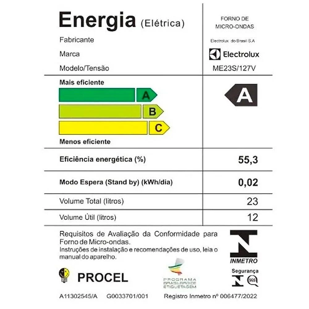 Micro-ondas Electrolux Efficient ME23S, 23 Litros, Prata  Micro-ondas Electrolux 23 Litros Efficient com Descongelamento Assistido ME23S Prata, 220 Volts