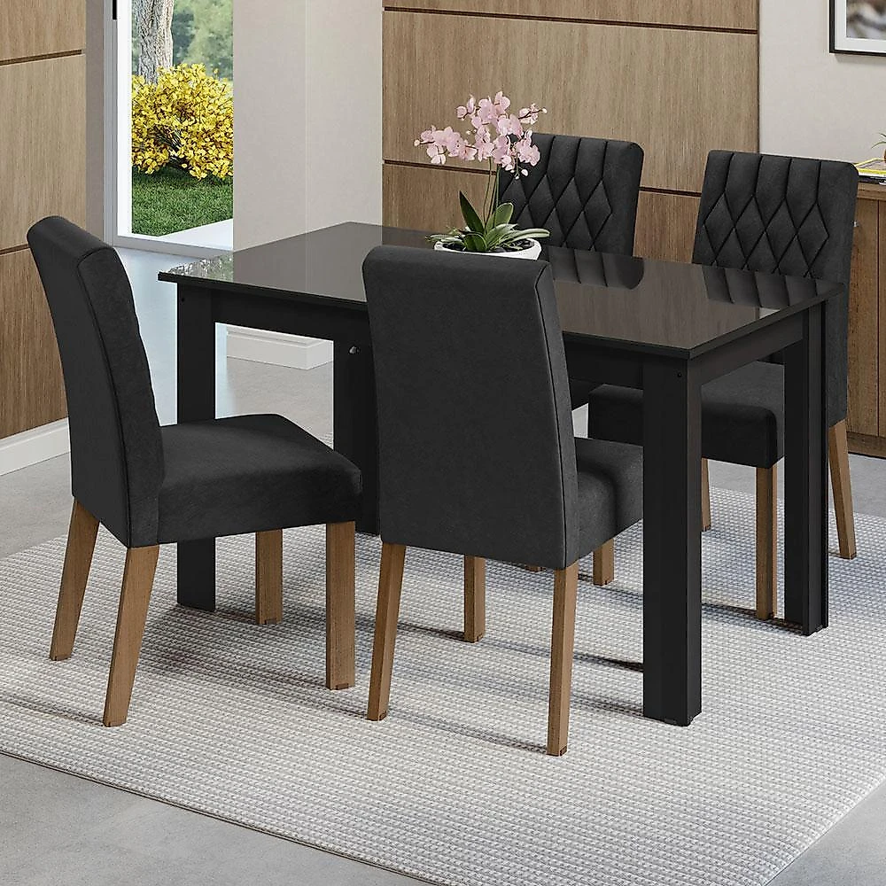 Conjunto sala de jantar mesa tampo de vidro 4 cadeiras preto/oxford celina madesa