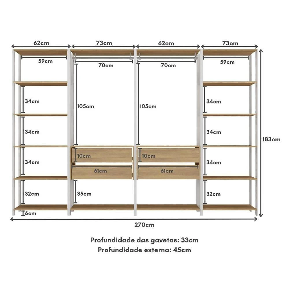 Guarda-roupa Closet Modulado Texas 4 Gavetas 270cm Multimóveis Mp4787 Branco/madeirado