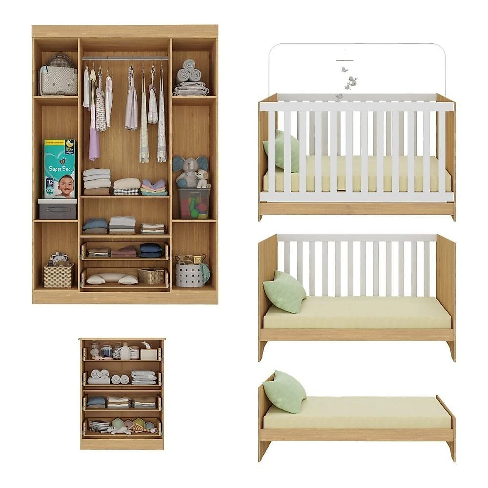 Quarto De Bebê Completo Berço Americano 3 Em 1 Colchão Encanto Multimóveis MP4601 Madeirado