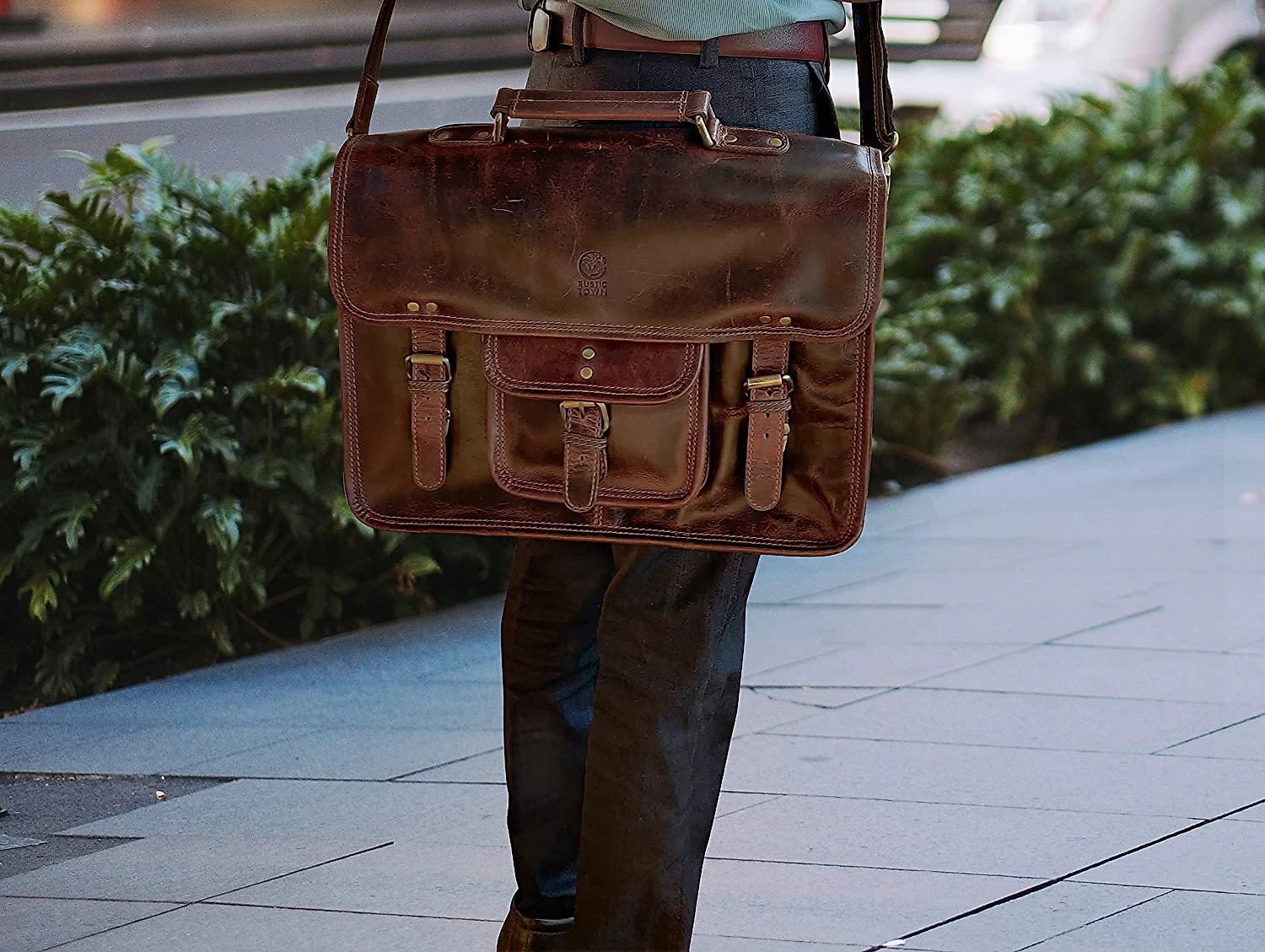 RUSTIC TOWN SHS151104ADND BolsaPasta de Couro Genuíno Masculina para Laptop Marrom