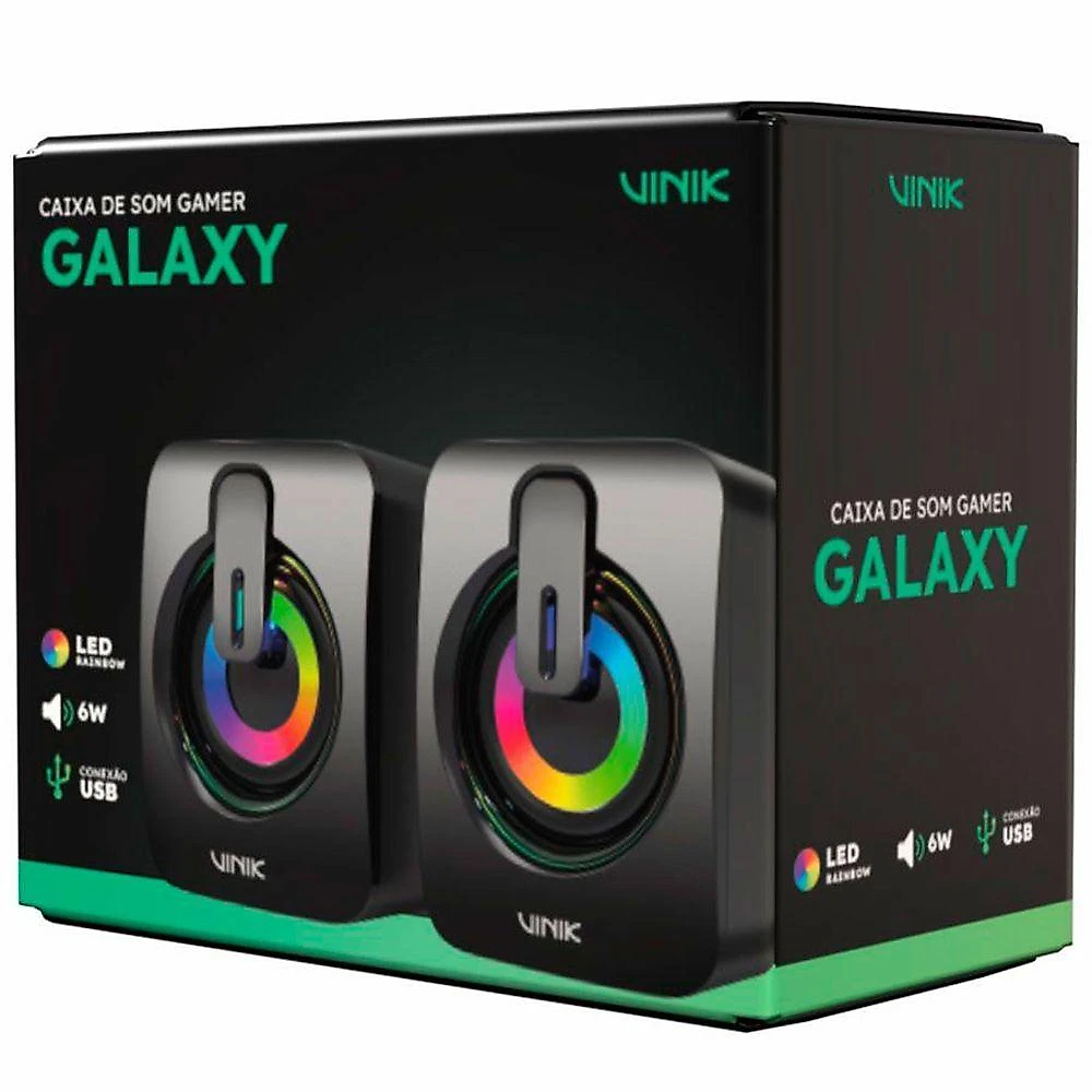 Caixa de Som Gamer Vinik Galaxy 6W RMS 2.0 LED Rainbow Preto