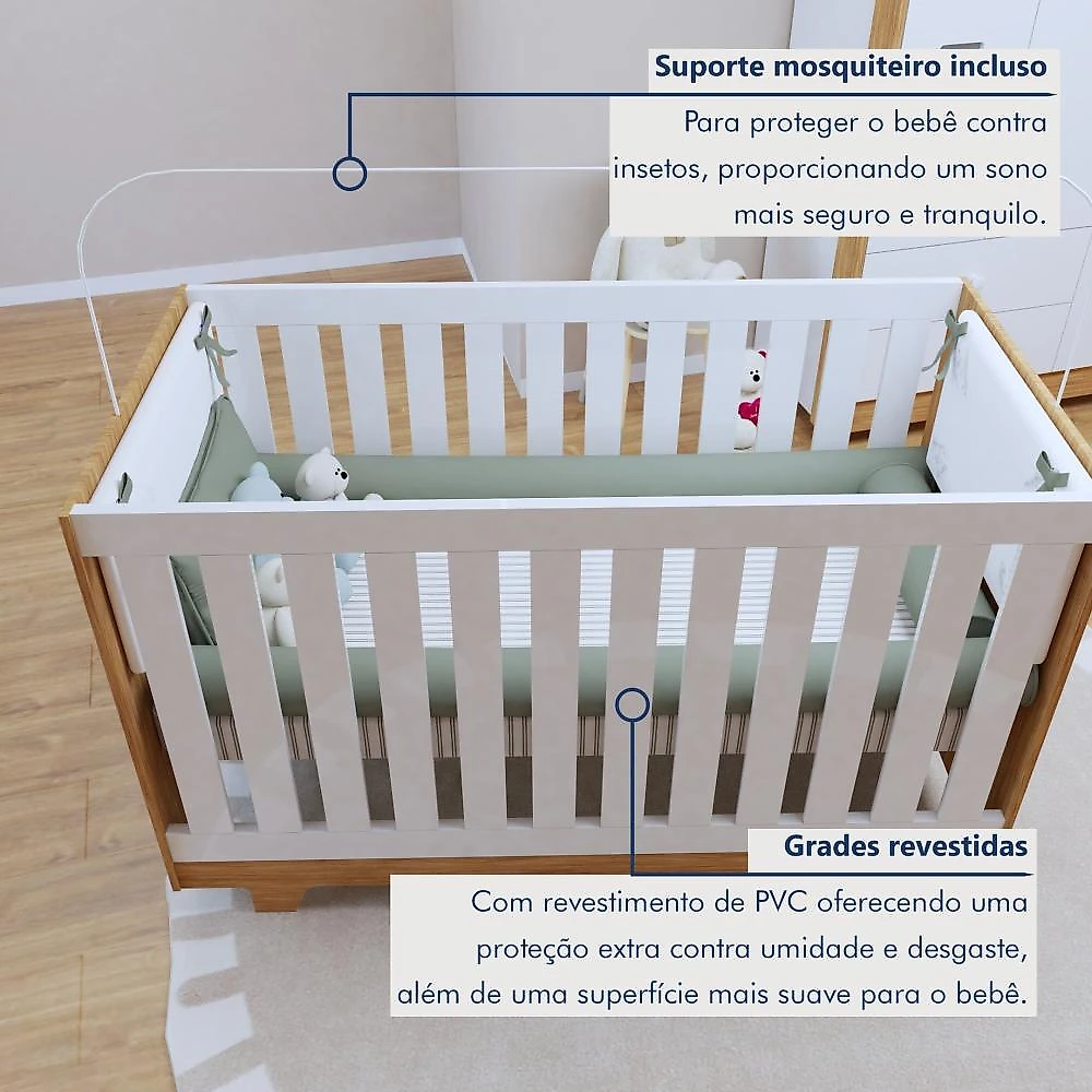 Quarto de Bebê 100% MDF Berço Minicama com Colchão, Cômoda e Guarda Roupa 3 Portas Life Branco/Ypê