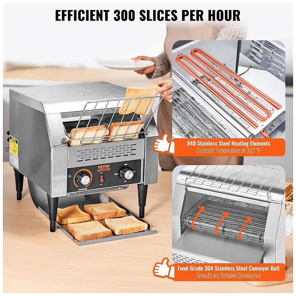 Torradeira Comercial VEVOR, Esteira Transportadora, 300 Fatias por Hora, Aço Inoxidável Resistente, Torradeira Elétrica para Pão, Pão de Forma