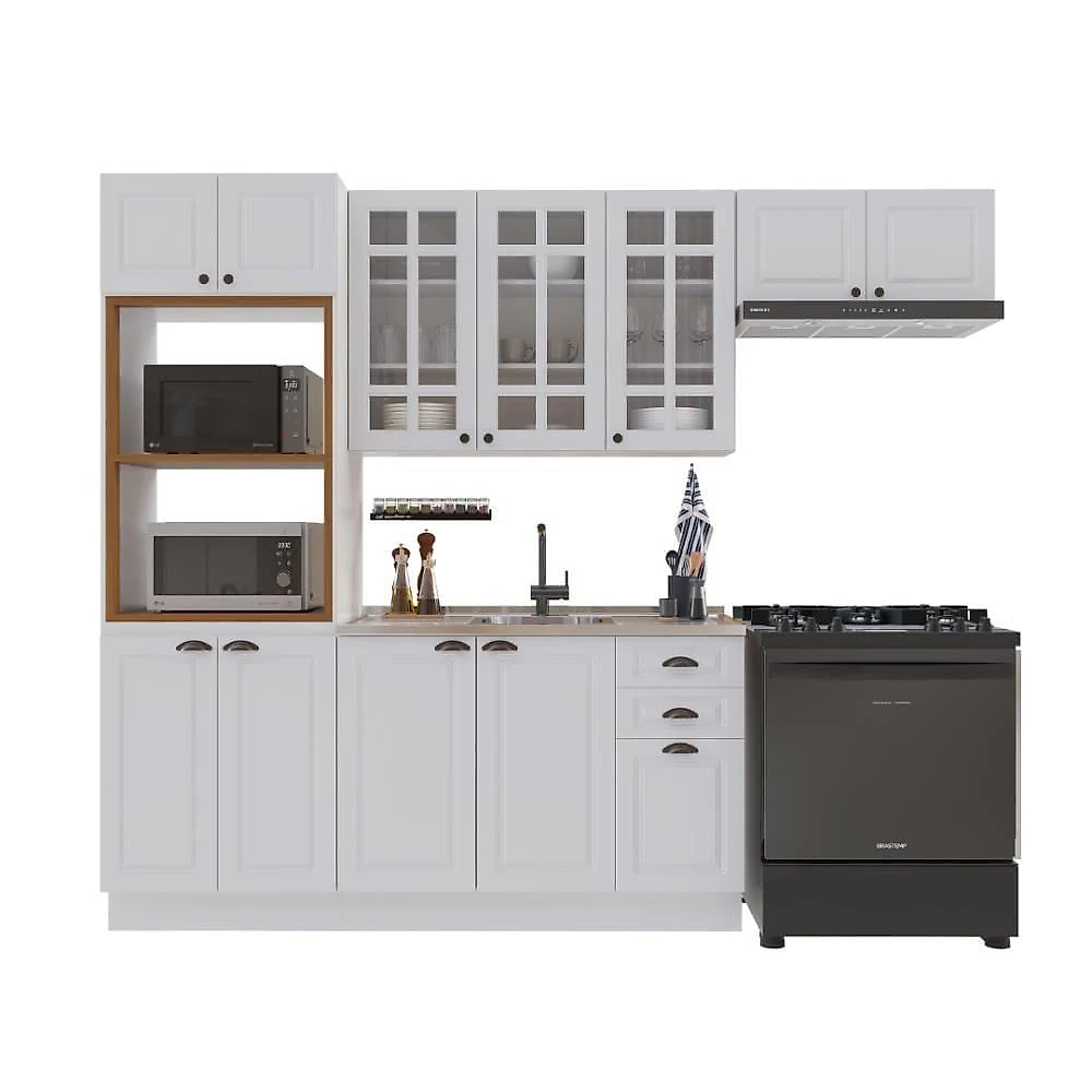 Cozinha Compacta Modulada Nara 12 Portas 2 Gavetas MDF Branco Fidelita Móveis