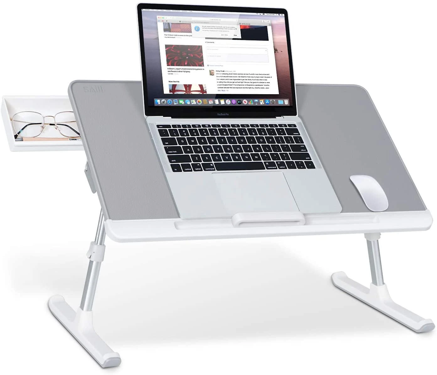 Mesacama para laptop ajustável SAIJI portátil de pé com gaveta de armazenamento dobrável para tablet cinza