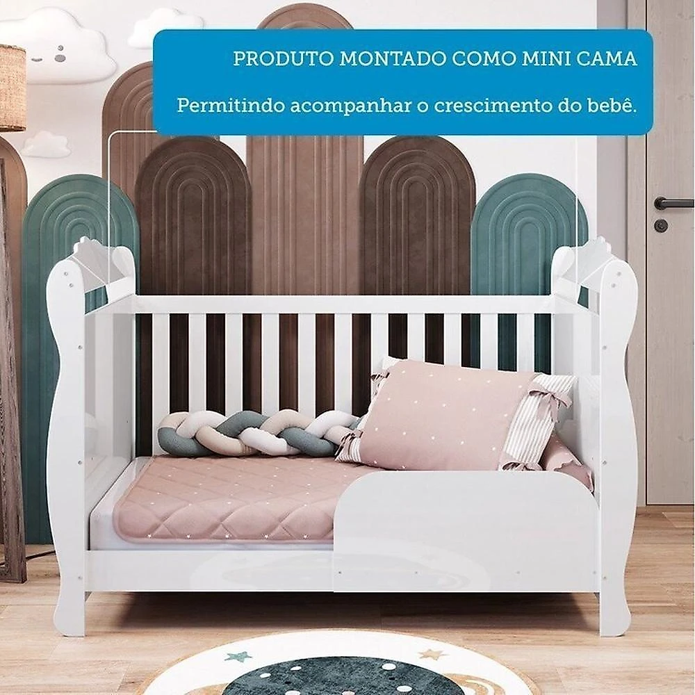 Quarto de Bebê com Guarda Roupa 3 Portas com Janelas e Berço Americano Nina 100% Mdf Espresso Móveis Branco Brilho