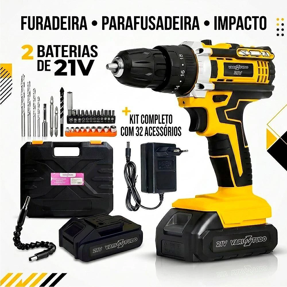 Furadeira e Parafusadeira de Impacto sem Fio 21V com LED 2 Baterias 32 Acessórios 550W Bivolt
