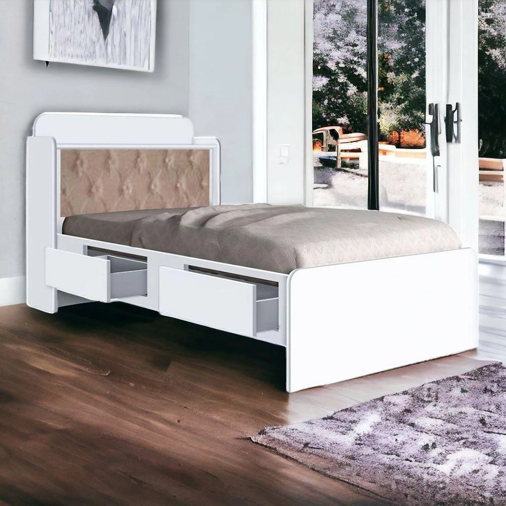 Cama Box Solteiro Tamires Baú com Gavetas e Colchão Branco com Capitonê Bege