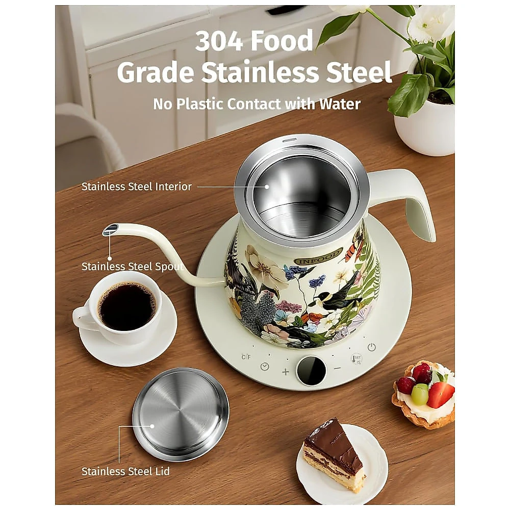 Chaleira Elétrica Pescoço de Ganso 0,8L INFOOD Floral, Controle Preciso de Temperatura, Agendamento, Inox, Desligamento Automático, 1200W, 110V