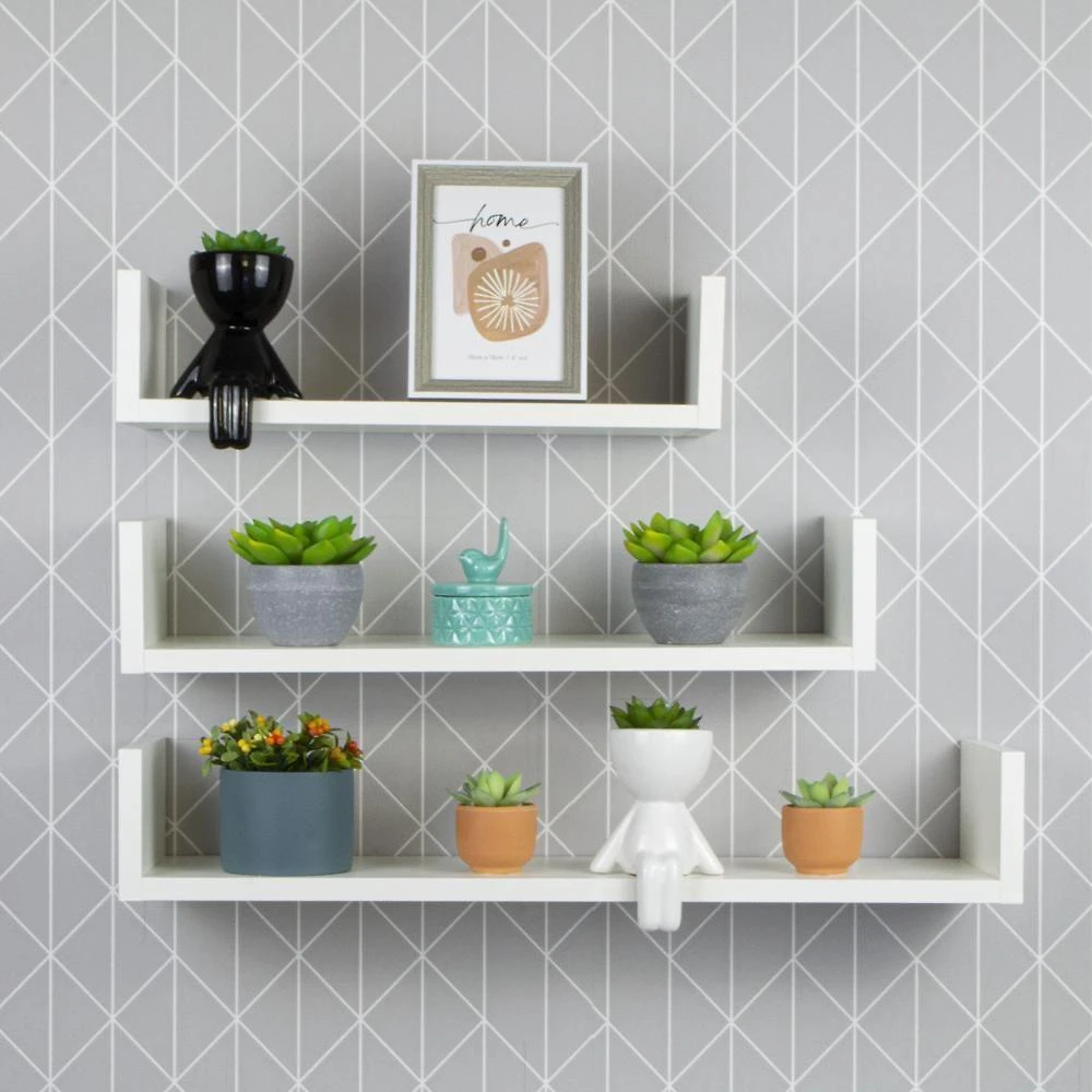 Prateleira Jogo 3 U MDF Retangular MDP Fixação Suporte Invisível Organizador Branco Mercado