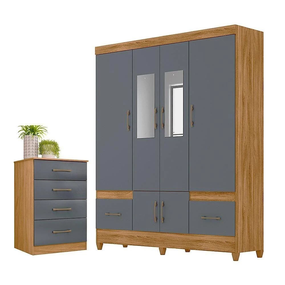 Conjunto de Guarda Roupa e Cômoda Solis 6 Portas 4 Gavetas 165CM Freijó Cinza Moval Móveis