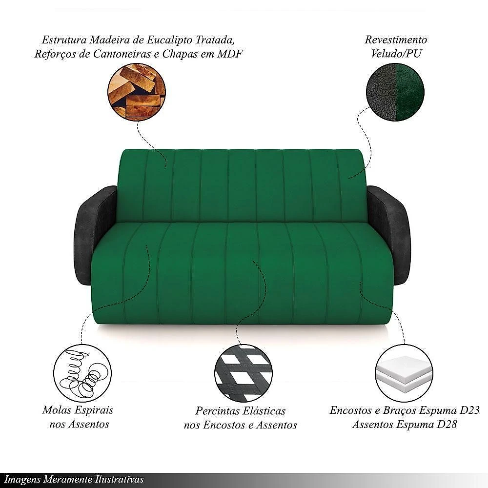 Sofá Bornéu 3 Lugares 188cm Preto e Verde Pu Veludo Gran Belo