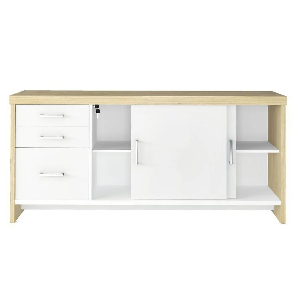 Kit 2 Peças 1 Mesa 180cm Tamburato 4 Gavetas com Balcão 2 Portas 3 Gavetas Escritório Completo 1 Mesa 4 Gavetas com Balcão 2 Portas 3 Gavetas Artany Carvalho/Branco