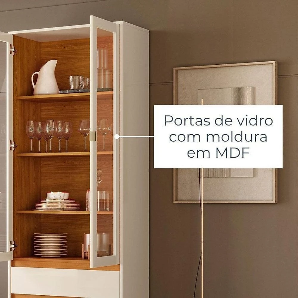 Conjunto Cristaleira Brisa e Buffet Aparador Balcão Cais Bandeja Integrada para Sala de Jantar Cinamomo/Off White