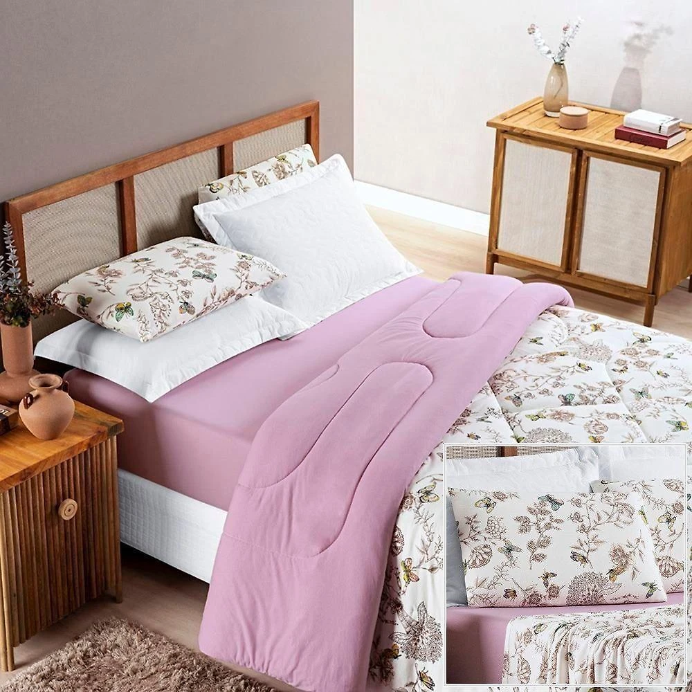 Edredom 2,60m X 2,40m + Jogo De Cama Malha Quality King 05 Peças 100% Algodão - Butterfly